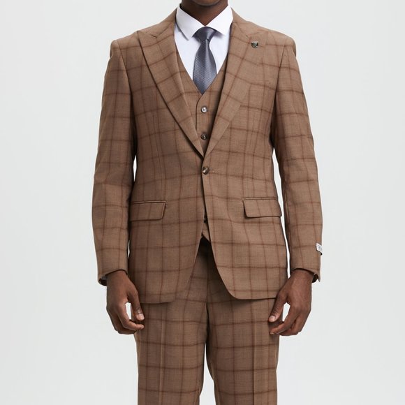 Stacy Adams Windowpane 3pc Men's Suit, Tanned Brown - Picture 4 of 5